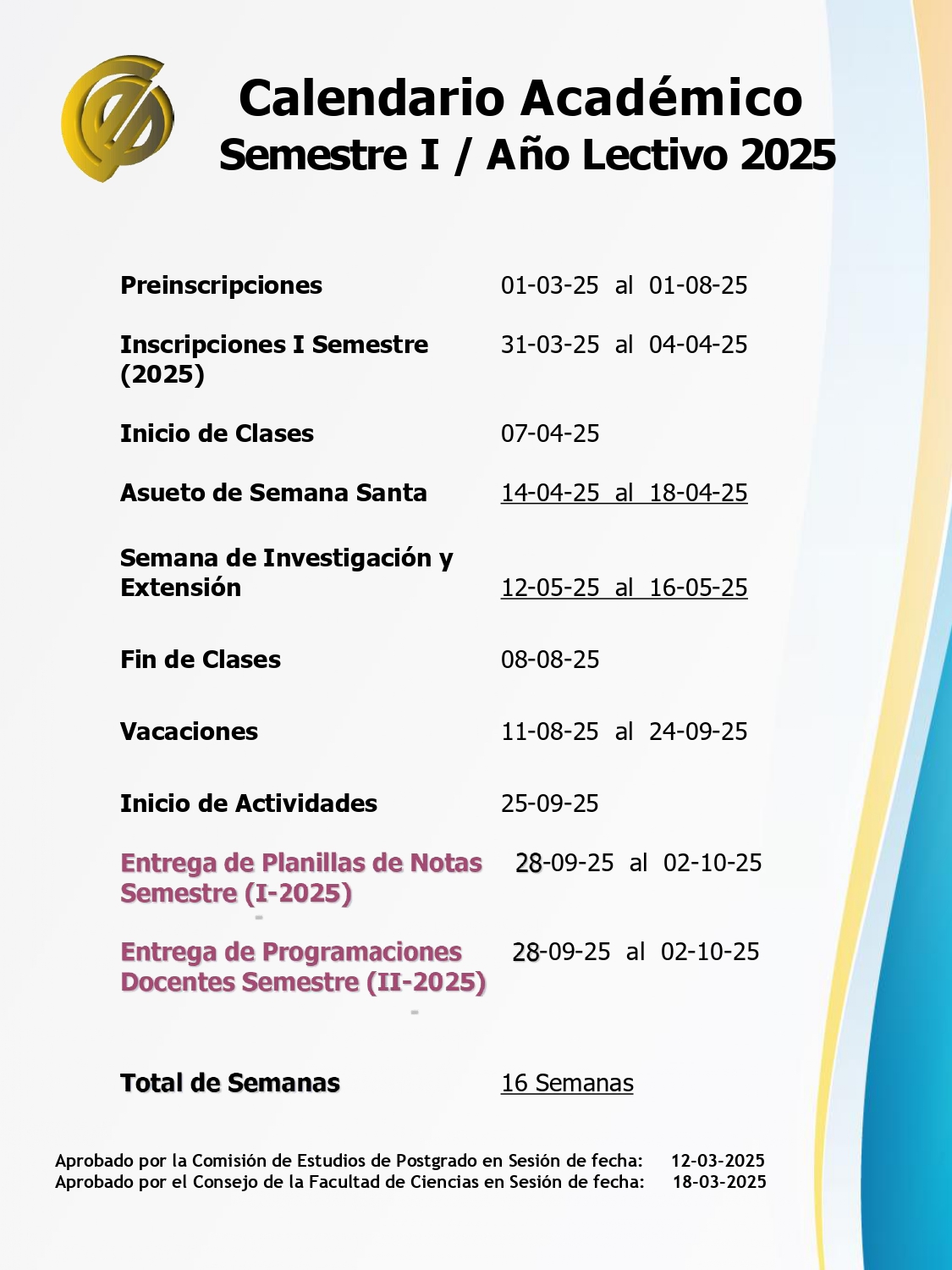 CALENDARIO ACADEMICO I 2025
